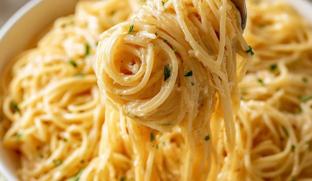 Delicious plate of Garlic Parmesan Pasta topped with herbs and cheese