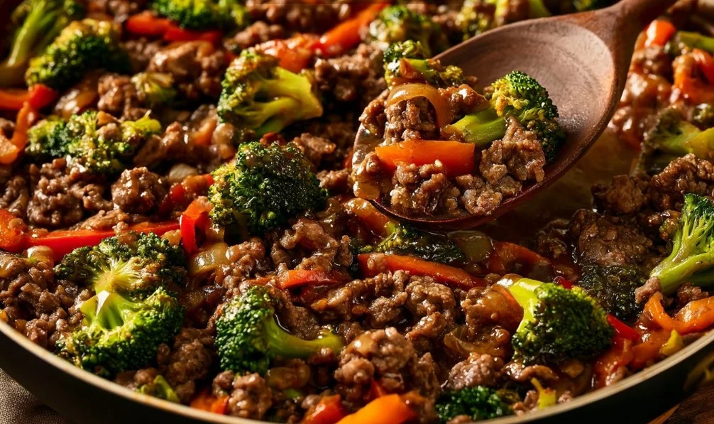 Stir-fried ground beef and broccoli in a savory sauce