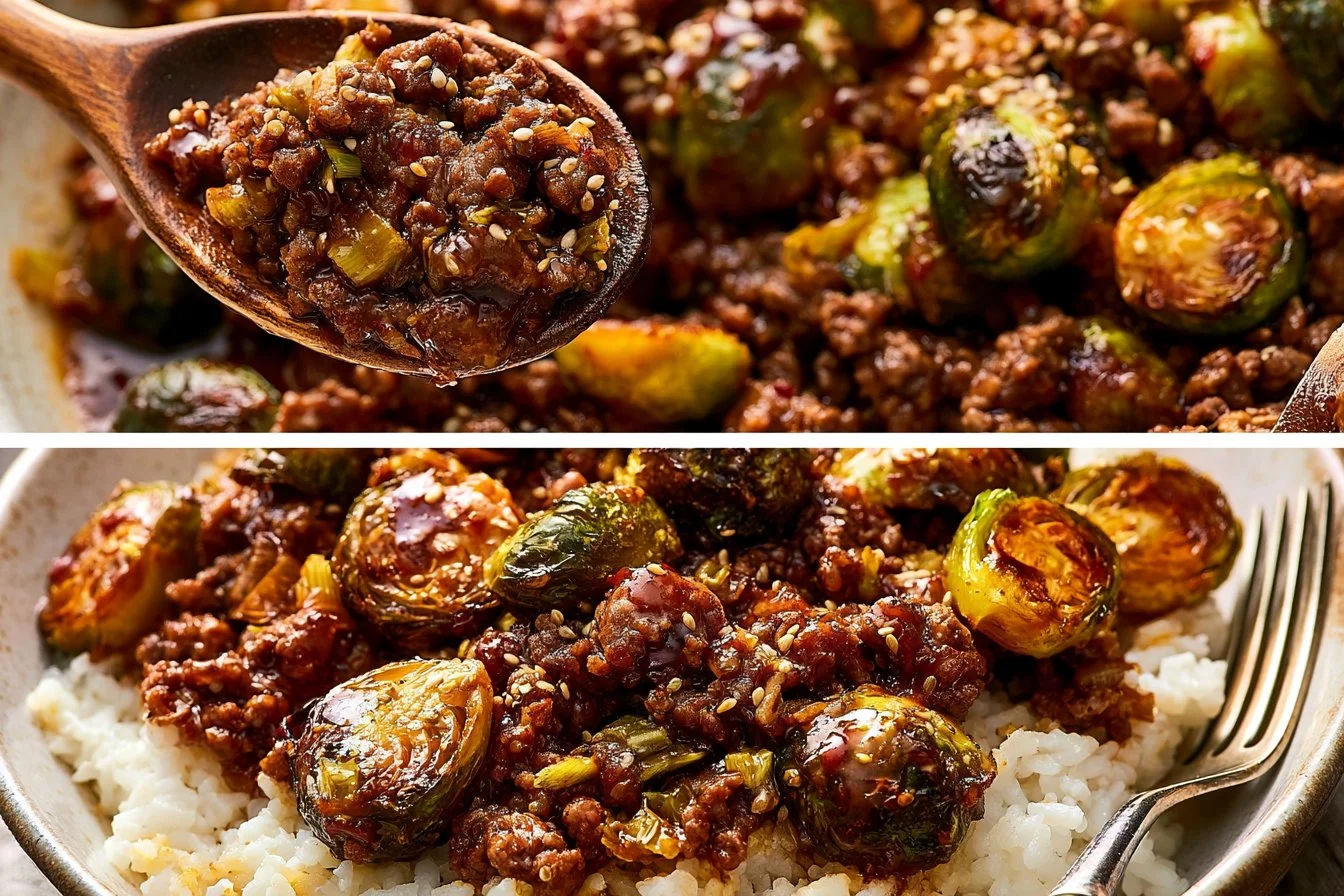 Ground Beef with sautéed Brussels Sprouts served in a skillet