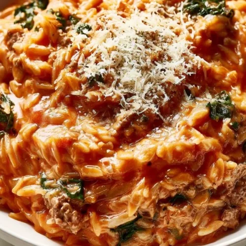 Delicious bowl of ground beef orzo topped with herbs and spices