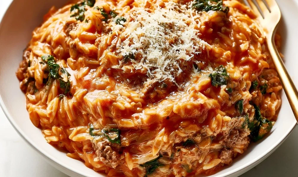 Delicious bowl of ground beef orzo topped with herbs and spices