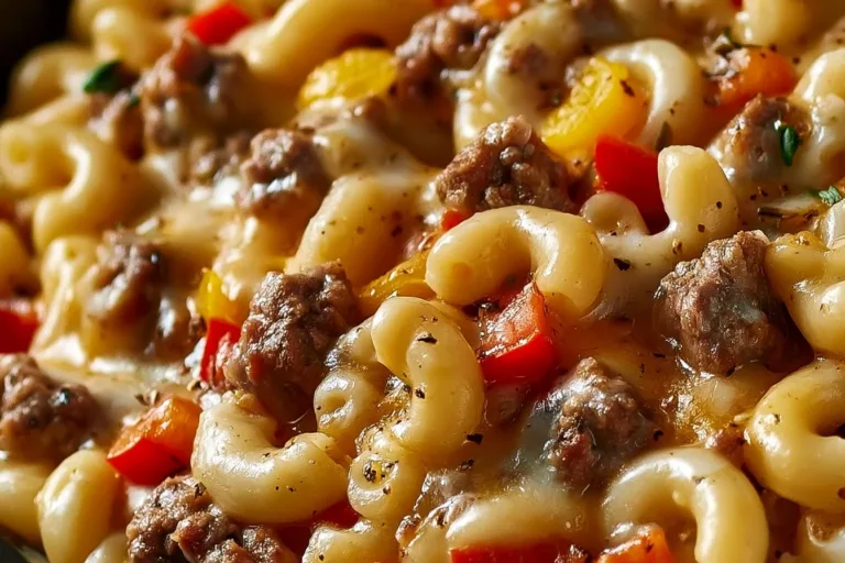 High-Protein Creamy Philly Cheesesteak Mac & Cheese plate