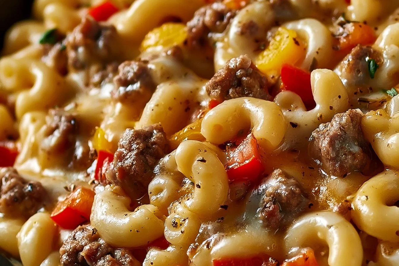 High-Protein Creamy Philly Cheesesteak Mac & Cheese plate