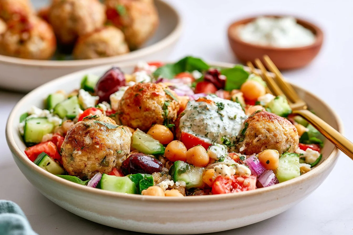Plate of Mediterranean chicken meatballs drizzled with sauce and garnished with herbs.