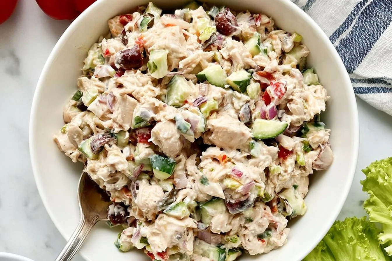 Healthy Mediterranean Chicken Salad with fresh vegetables and dressing