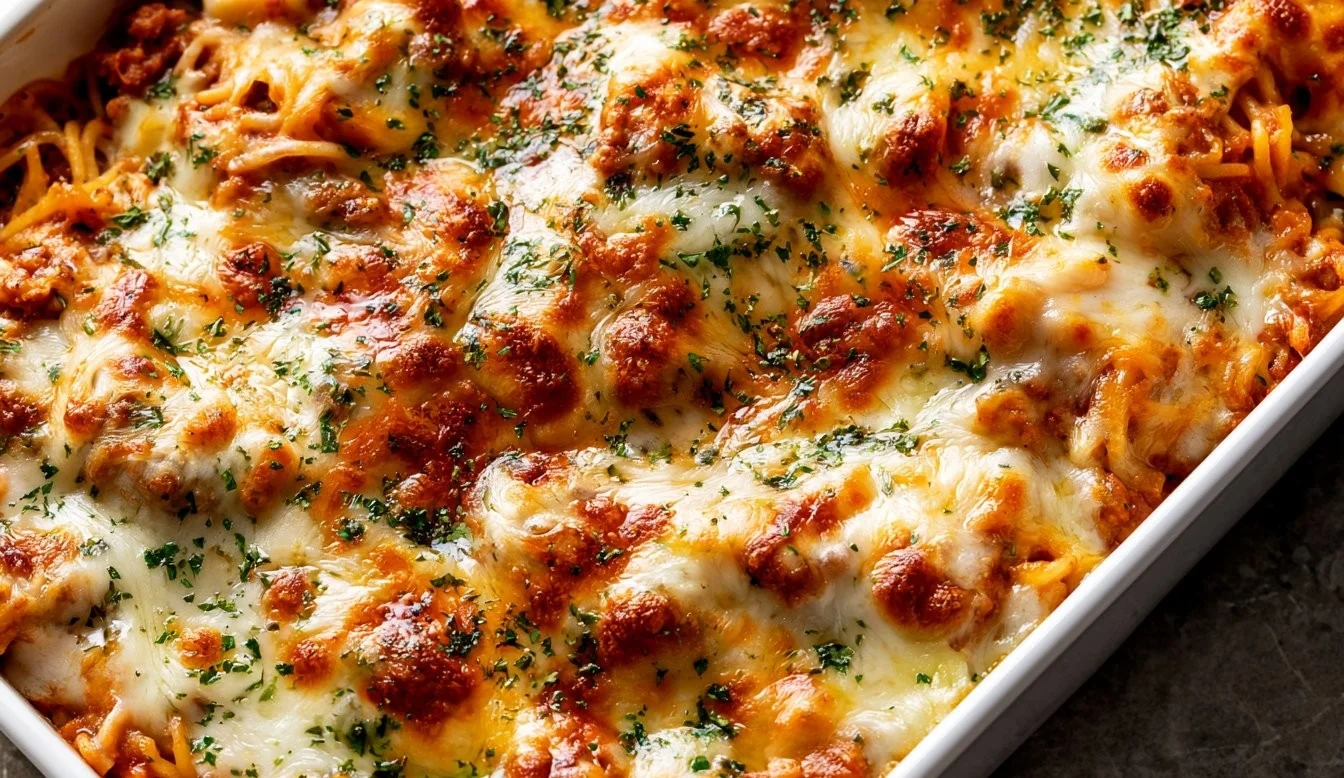 Delicious Million Dollar Spaghetti served in a bowl with cheese and herbs