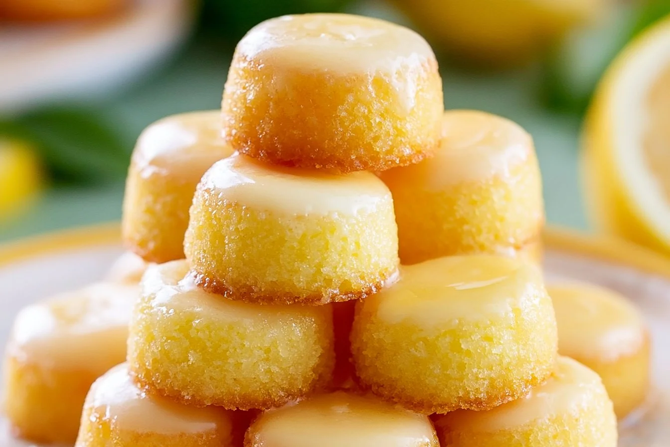 Mini Lemon Drop Cakes topped with lemon glaze and zest on a white plate