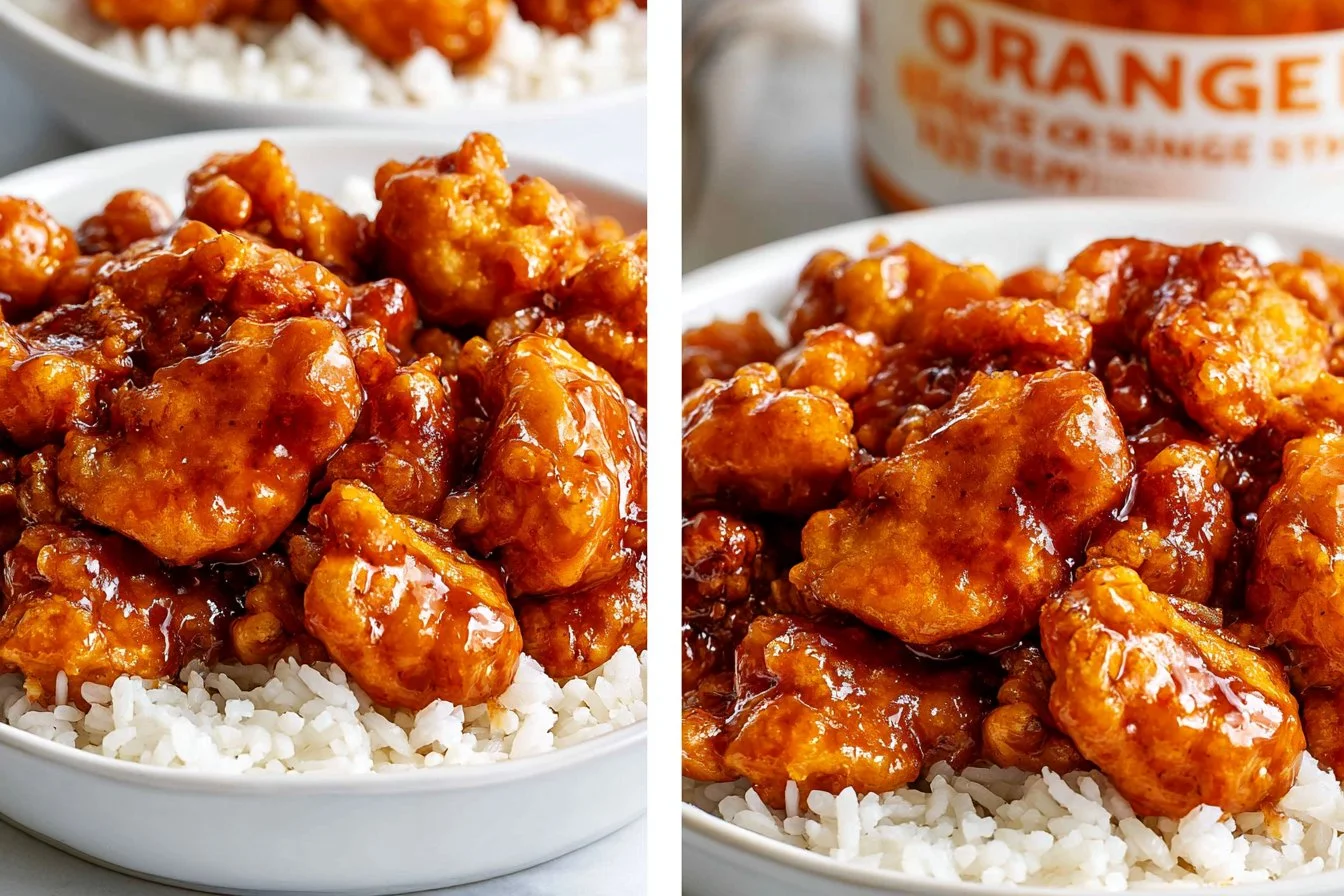 Delicious orange chicken topped with orange marmalade BBQ sauce on a plate