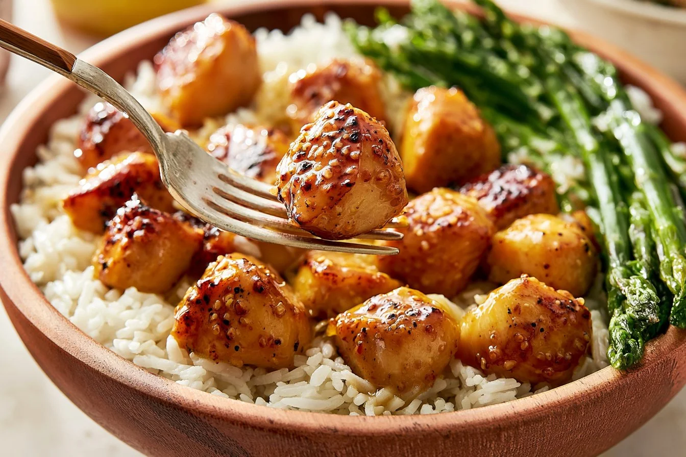 Delicious honey mustard chicken bowls with colorful vegetables and grains