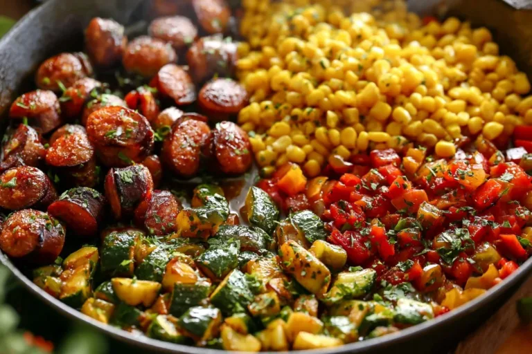 Colorful sausage and veggies skillet dish filled with fresh ingredients.
