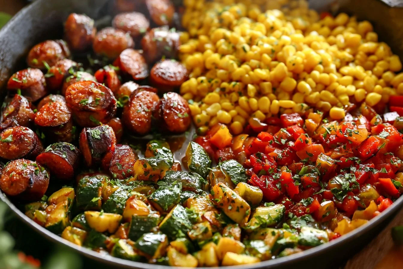 Colorful sausage and veggies skillet dish filled with fresh ingredients.