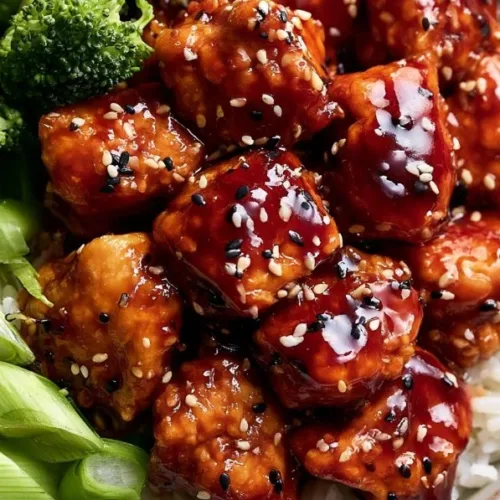 Delicious sticky sesame chicken garnished with sesame seeds and green onions