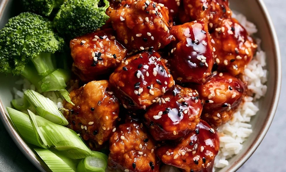 Delicious sticky sesame chicken garnished with sesame seeds and green onions