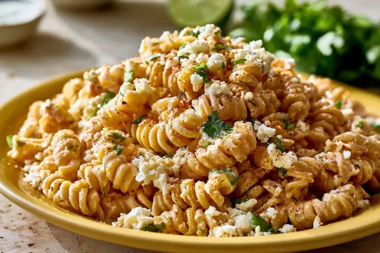 Bowl of tasty elote pasta salad with Greek yogurt dressing and fresh ingredients