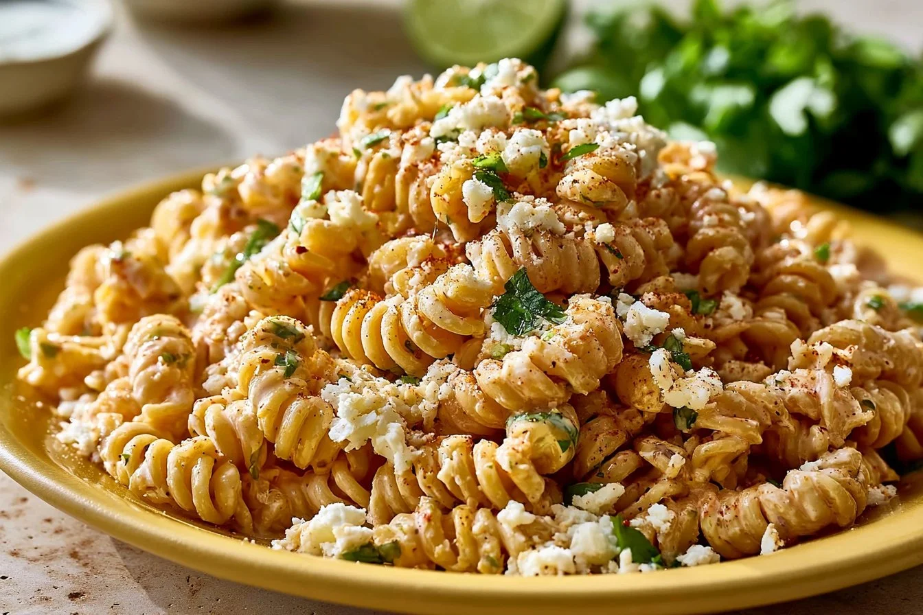 Bowl of tasty elote pasta salad with Greek yogurt dressing and fresh ingredients