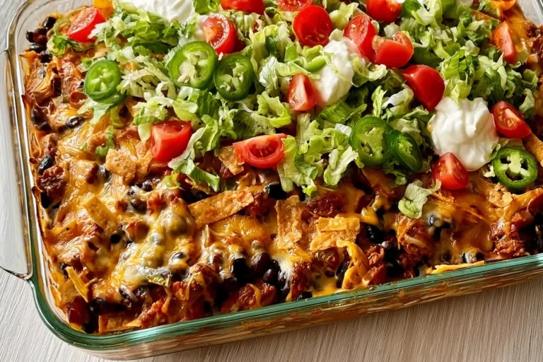 Delicious Walking Taco Casserole served in a baking dish with toppings