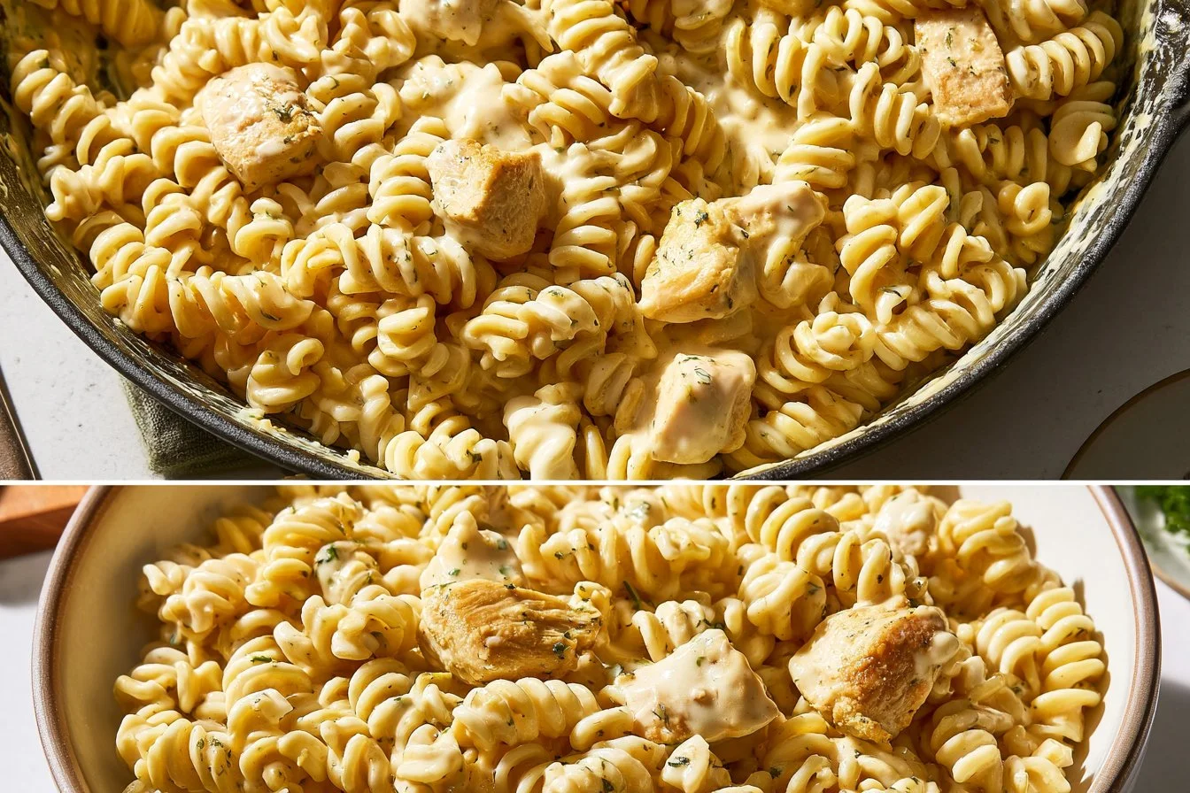 Creamy White Cheddar Chicken Pasta served in a bowl with herbs.