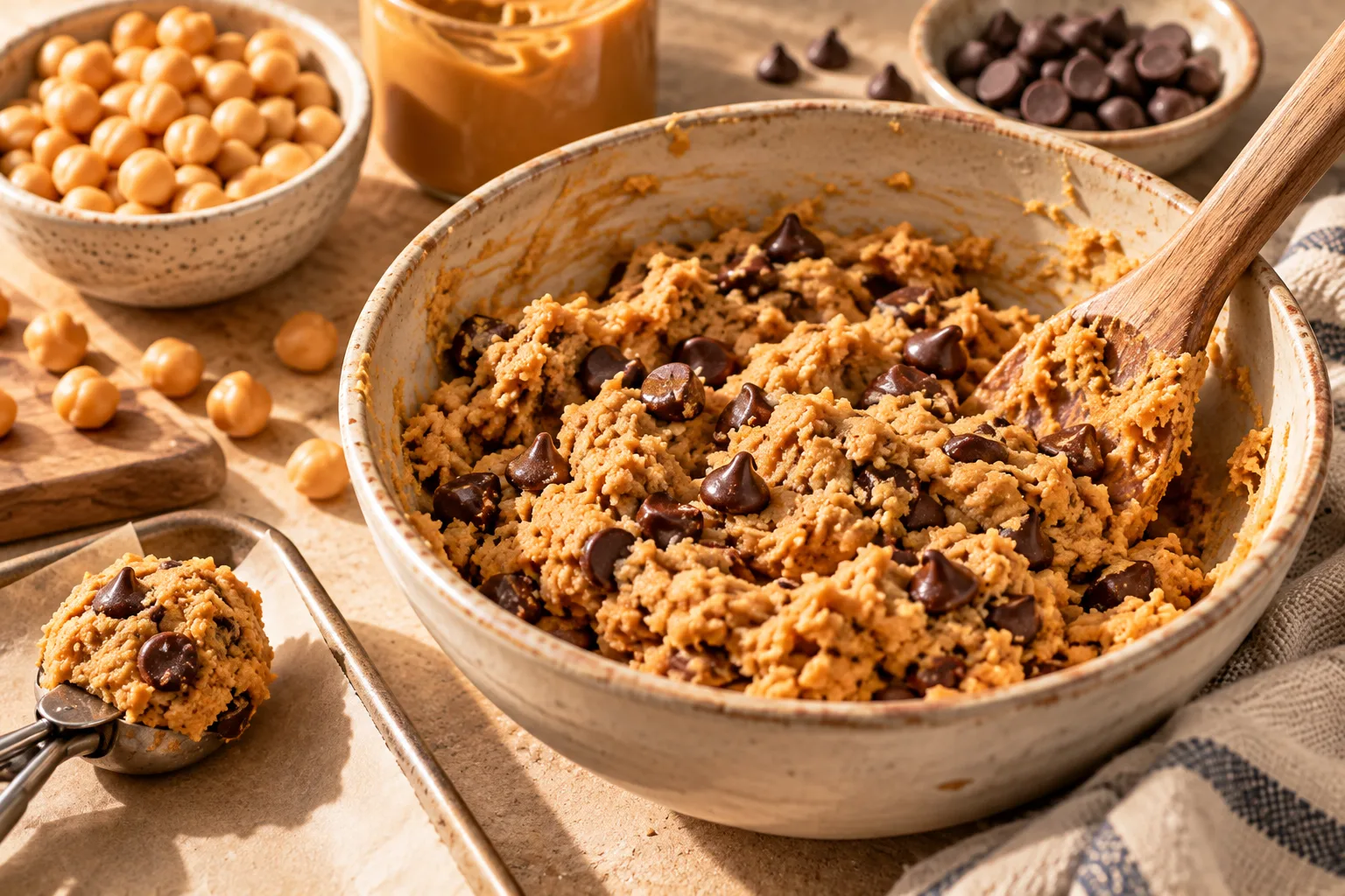 Homemade chickpea chocolate chip cookies with chickpeas and peanut butter