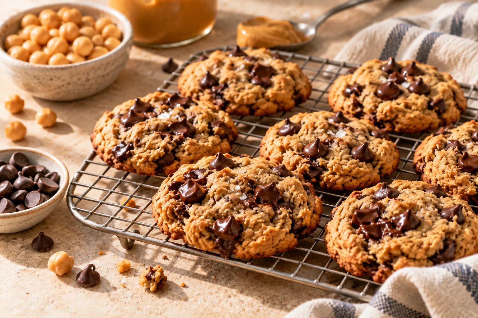 Fresh chickpea chocolate chip cookies cooling on a wire rack