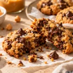 Soft chickpea chocolate chip cookie broken open with melted chocolate