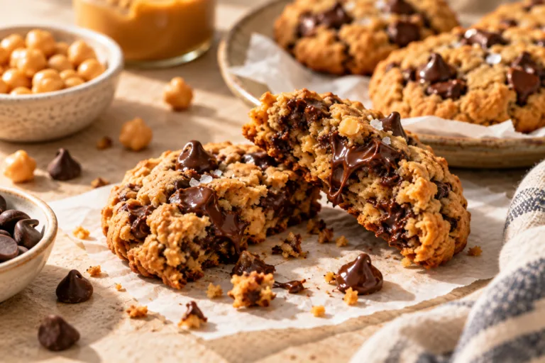 Soft chickpea chocolate chip cookie broken open with melted chocolate