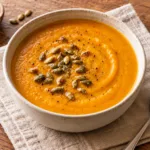 Roasted butternut squash soup in an ivory bowl with toasted pepitas and black pepper.