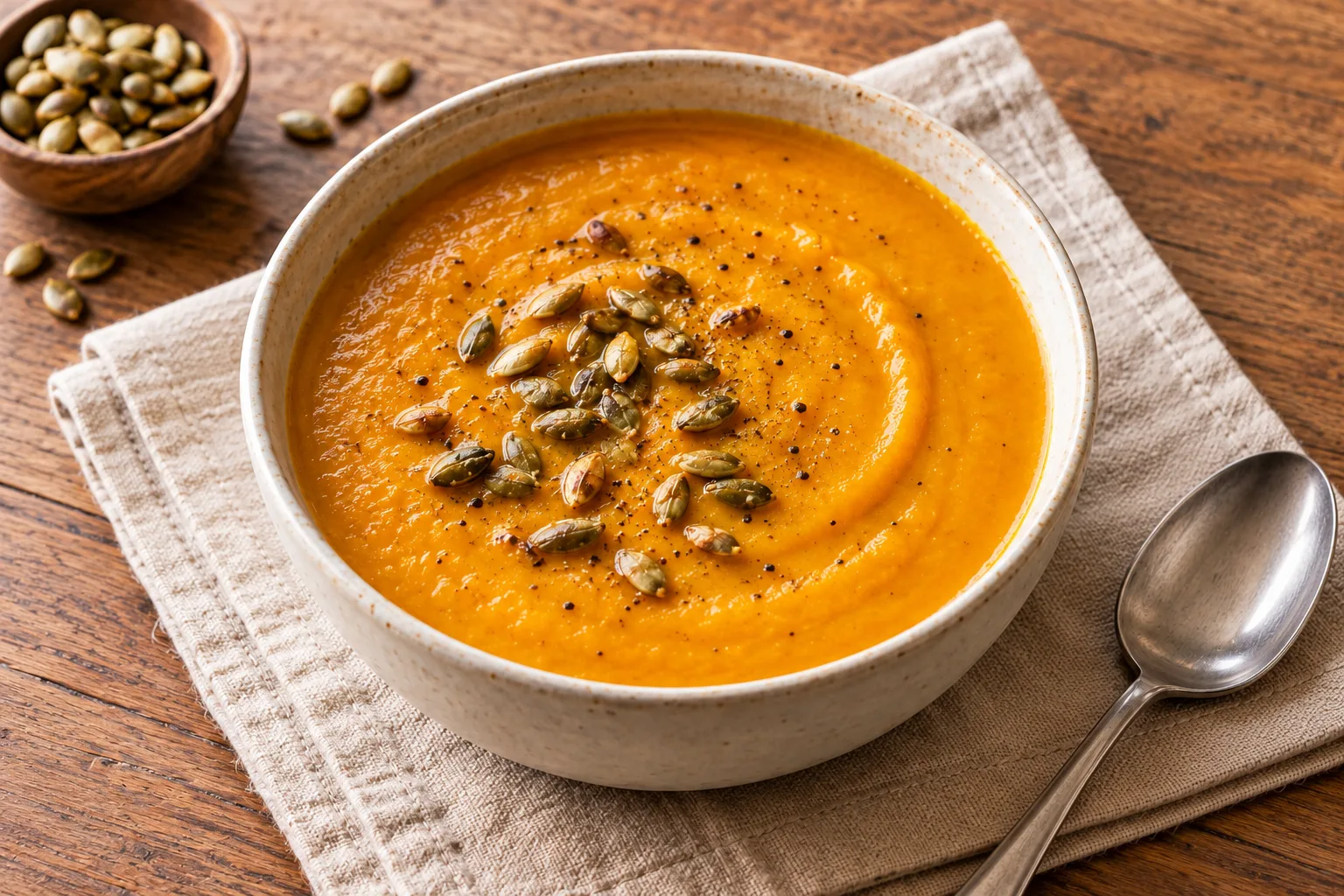 Roasted butternut squash soup in an ivory bowl with toasted pepitas and black pepper.