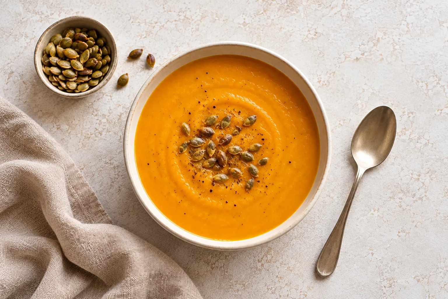 Overhead view of smooth roasted butternut squash soup with optional toasted pepitas.